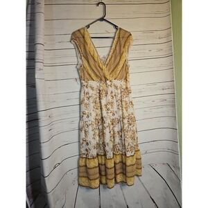 Lapis‎ Womens Yellow Floral Print Tiered V Neck Sleeveless Smocked Waist, XL